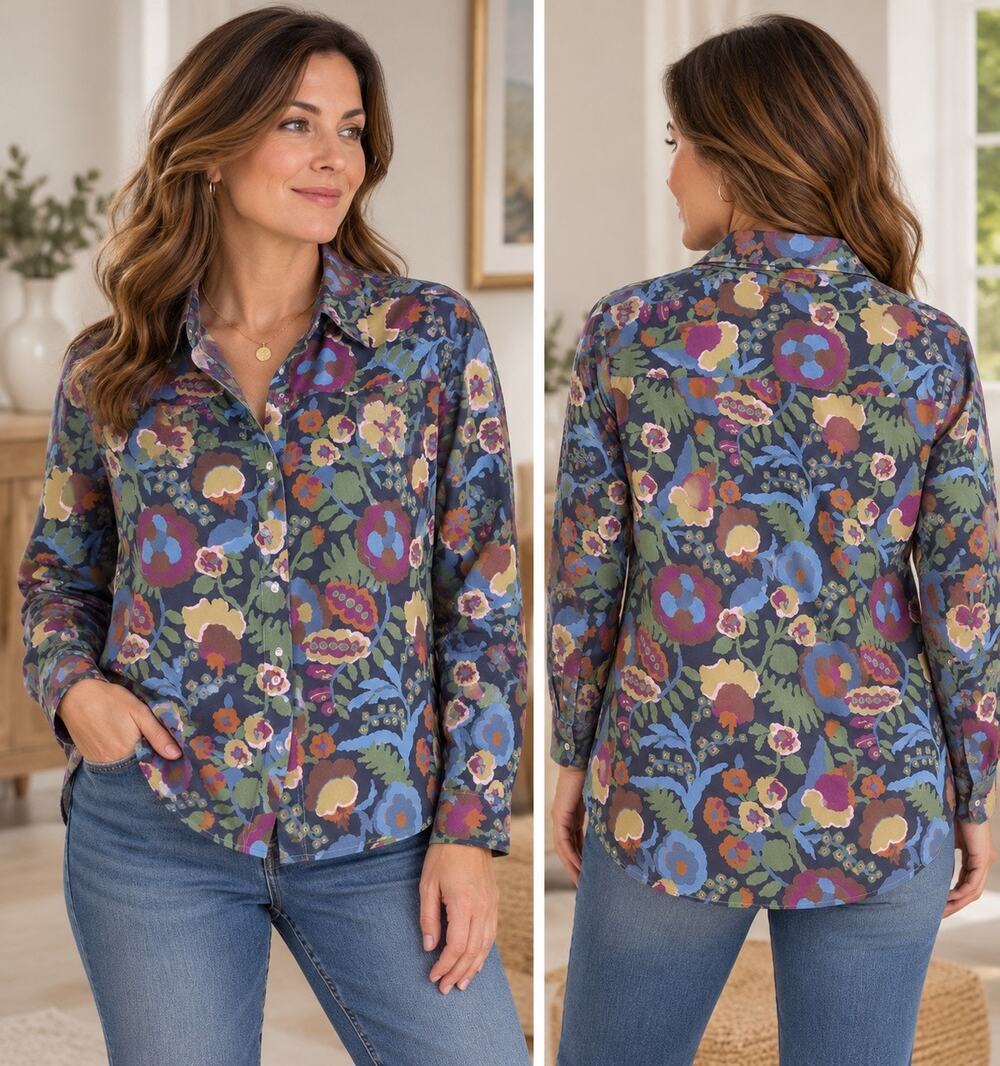 J McLaughlin Floral Button Down Shirt Women XL Stretch Cotton Multicolor